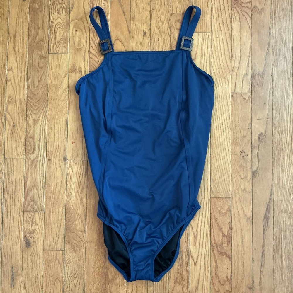 Lands End Womens 18 Blue One Piece Swimsuit Underwire Tortoise Buckle Slimming